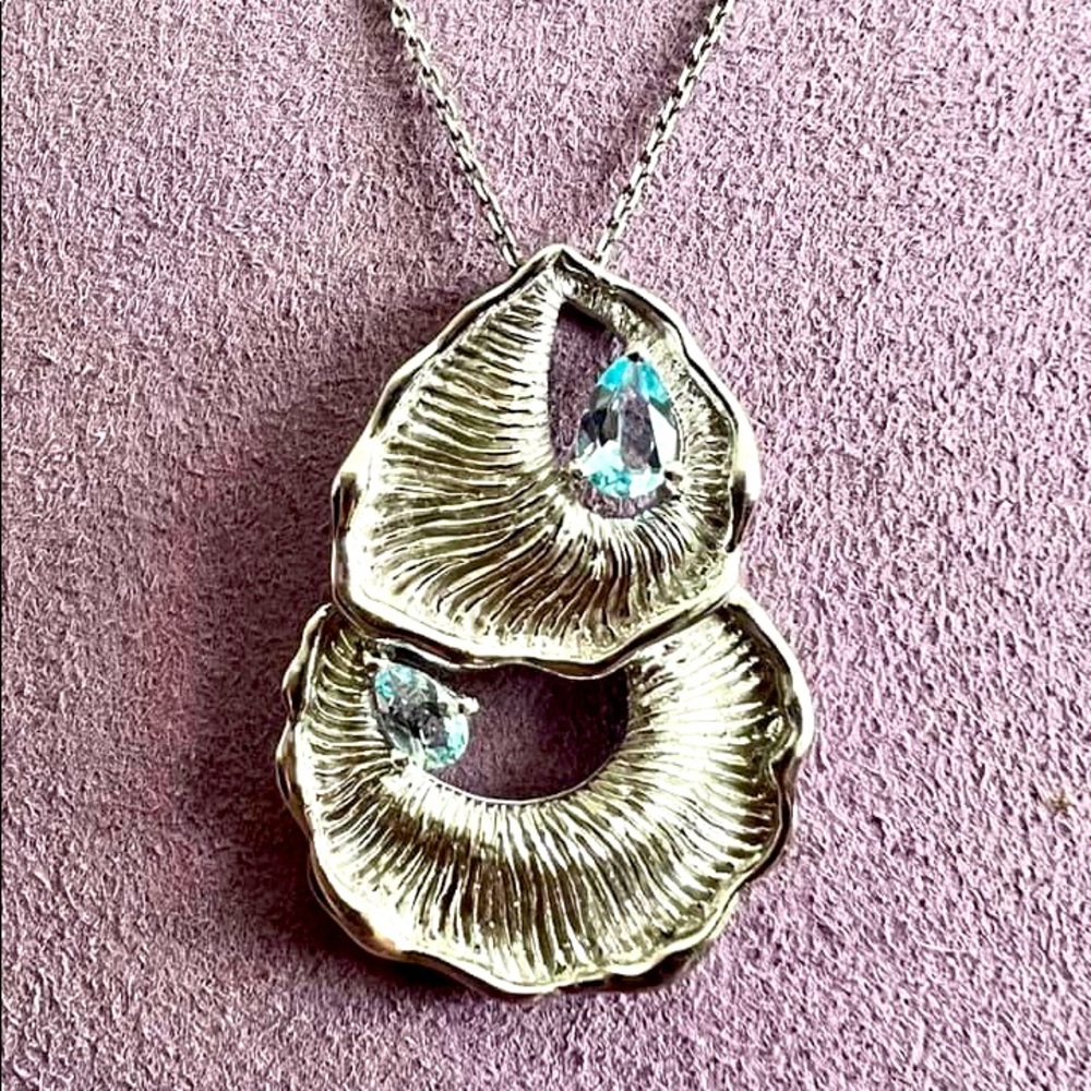 Vintage Sterling Silver Modernist Artisan Blue Topaz Pendant and Chain